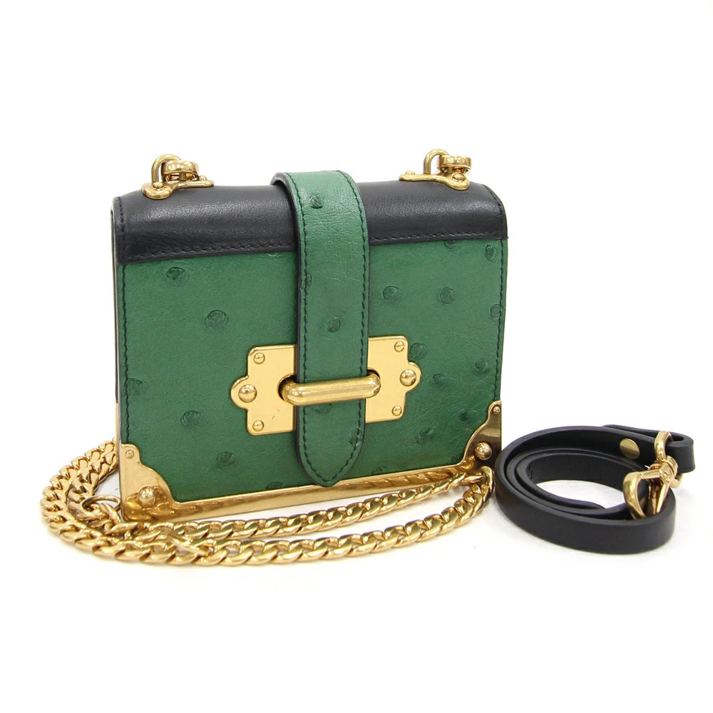 Prada Bag Cahier Green Ostrich Crossbody Clutch Belt Chain Shoulder